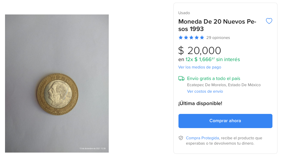 Moneda de Hidalgo. Mercado Libre