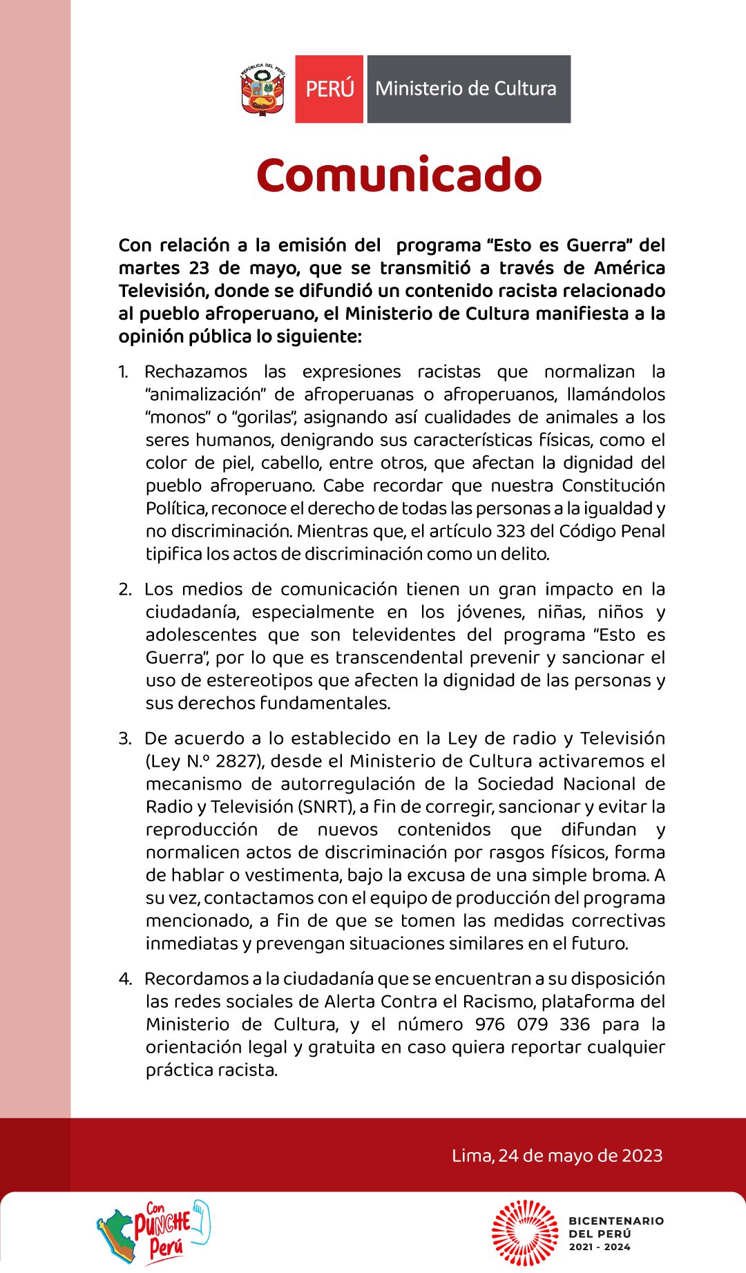 Ministerio de Cultura se pronuncia por caso 'Esto es Guerra'. (Twitter)