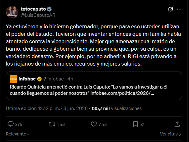 Luis Caputo apunt&oacute; contra Quintela tras decir que lo iban a investigar: "Mejor que amenazar, ded&iacute;quese a gobernar bien"