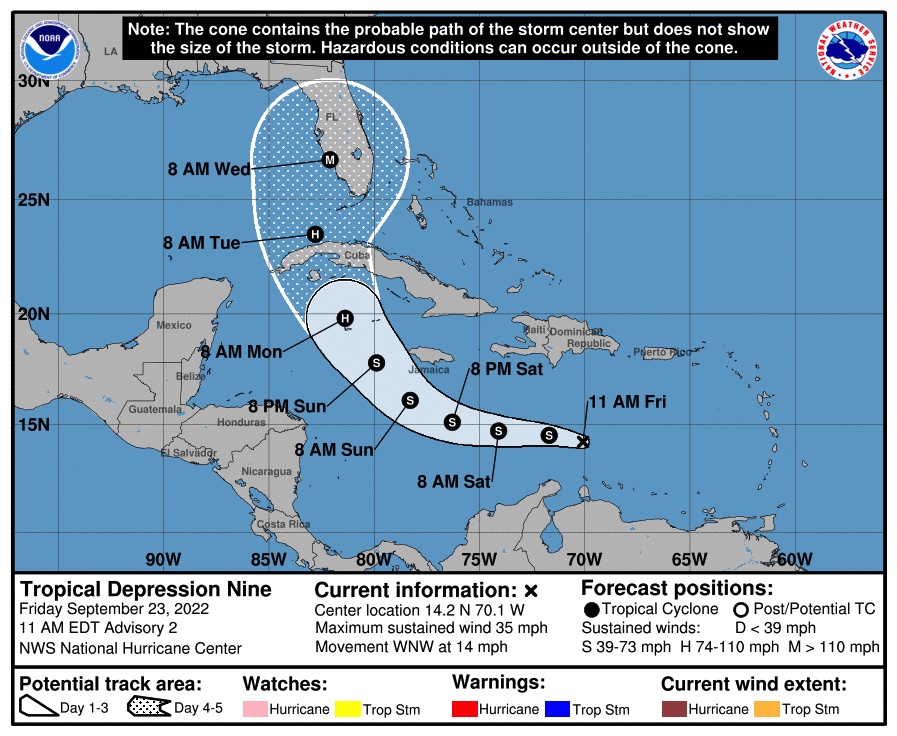 11 am Bulletin: Tropical Depression Nine Cone Forecast.  It is now estimated to become a hurricane near Florida (NOAA/NHC)
