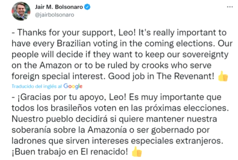 Bolsonaro responde a Leonardo Dicaprio. (TWITTER)