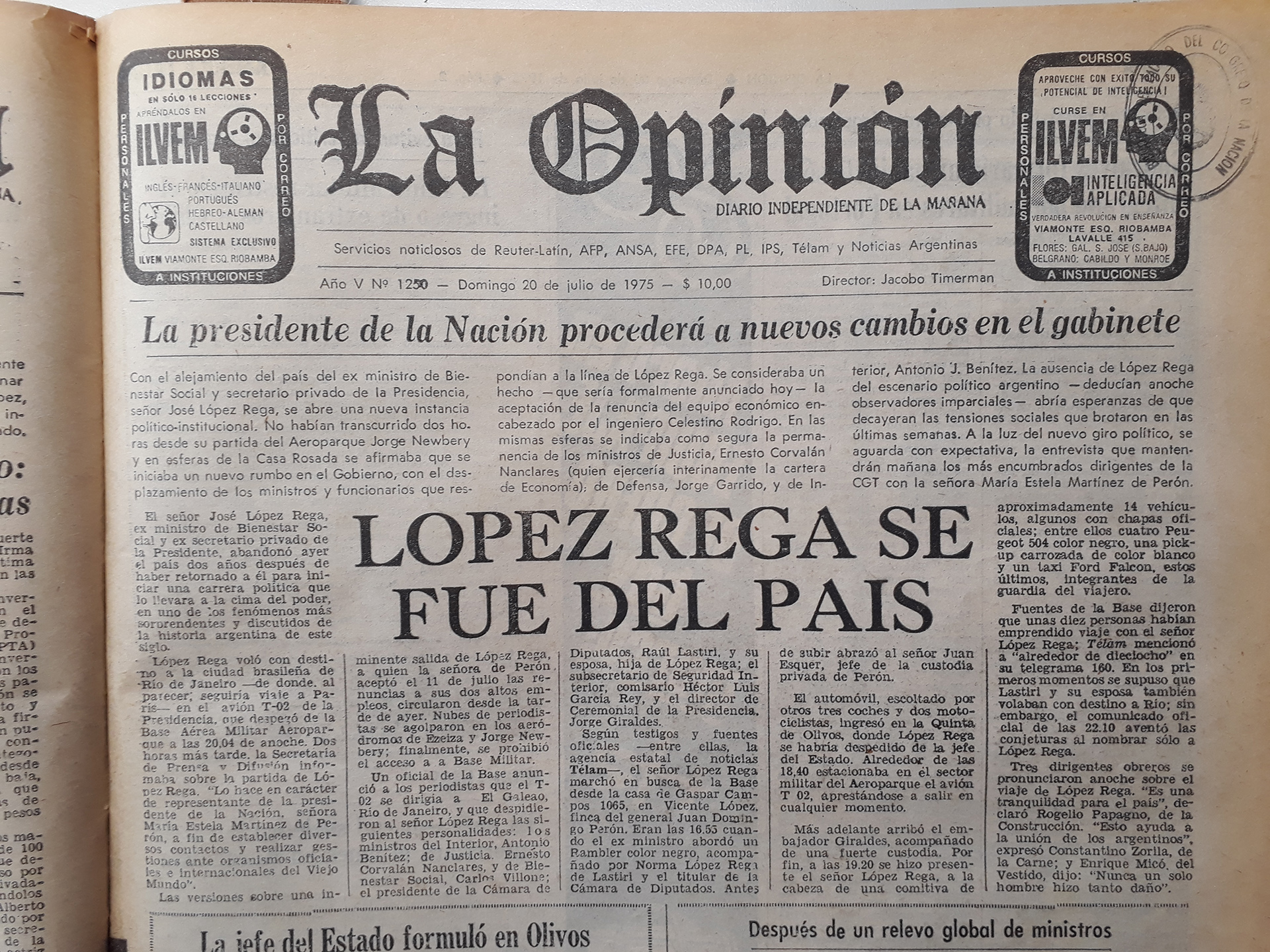 La partida de López Rega en la tapa de La Opinión