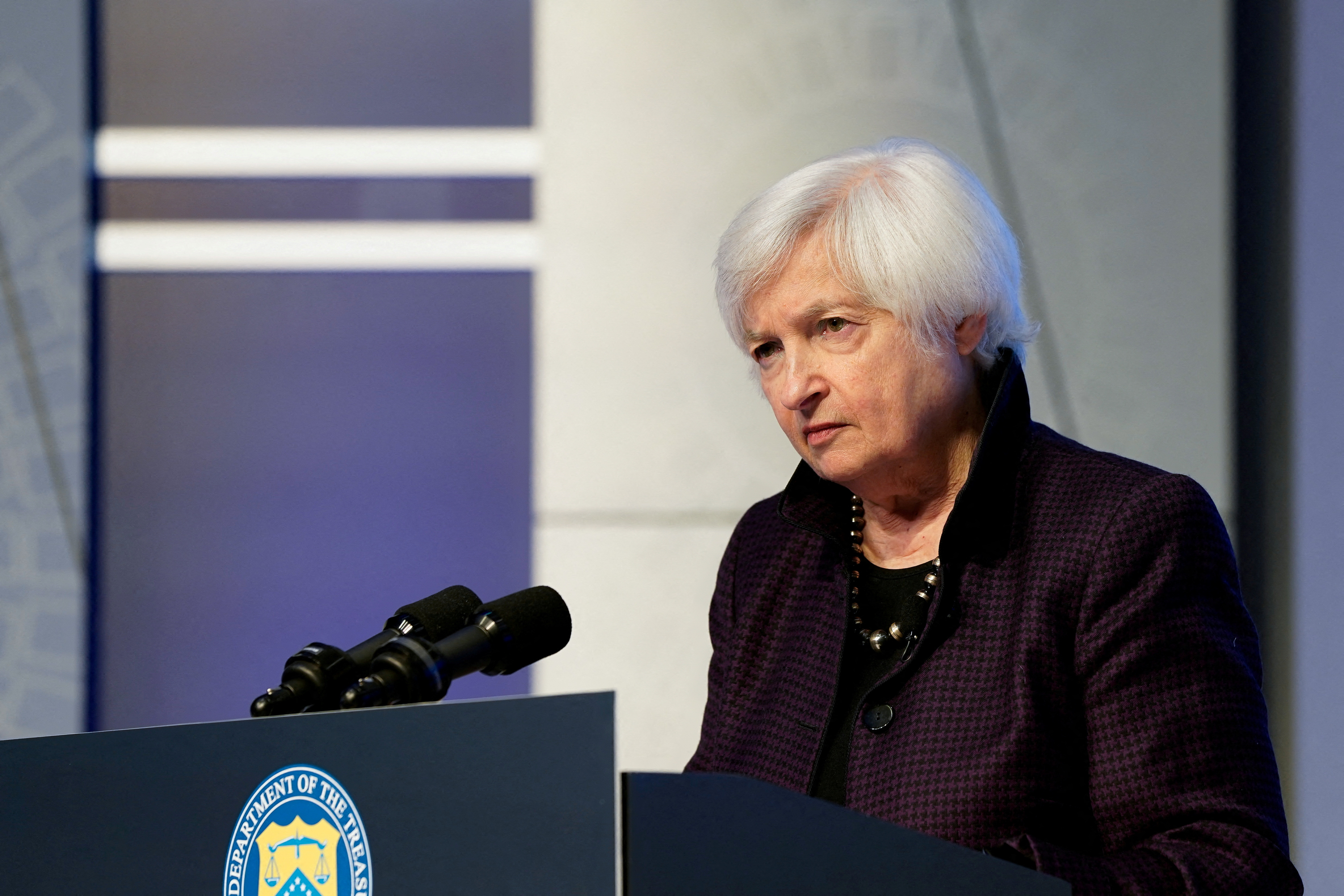 FILE PHOTO: U.S. Treasury Secretary Janet Yellen listens to a reporter's question at a news conference during the Annual Meetings of the International Monetary Fund and World Bank in Washington, U.S., October 14, 2022. REUTERS/Elizabeth Frantz/File Photo