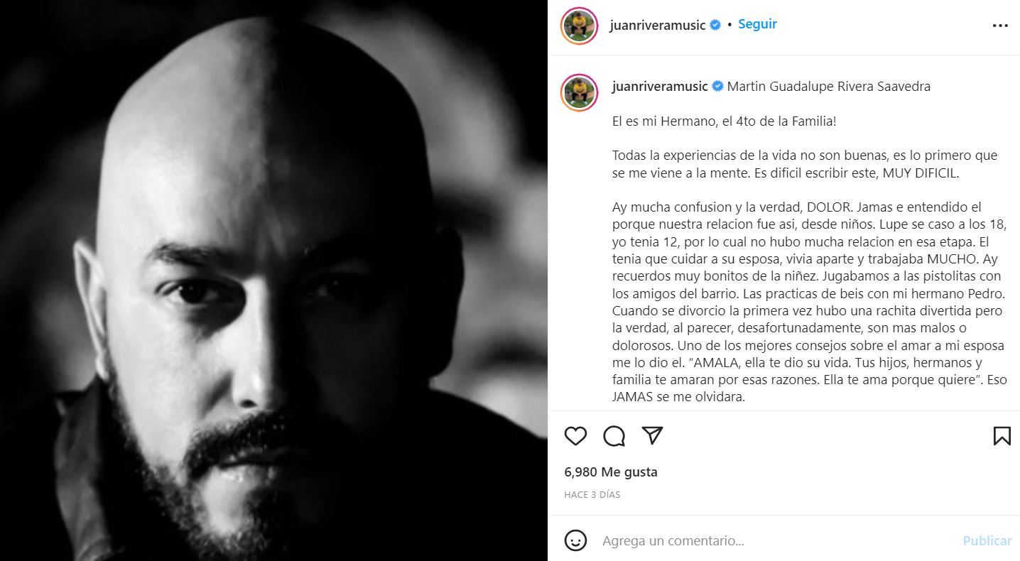 Juan Rivera escribió un largo texto por cada uno de sus hermanos y sus dos padres (Foto: captura de pantalla/Instagram)
