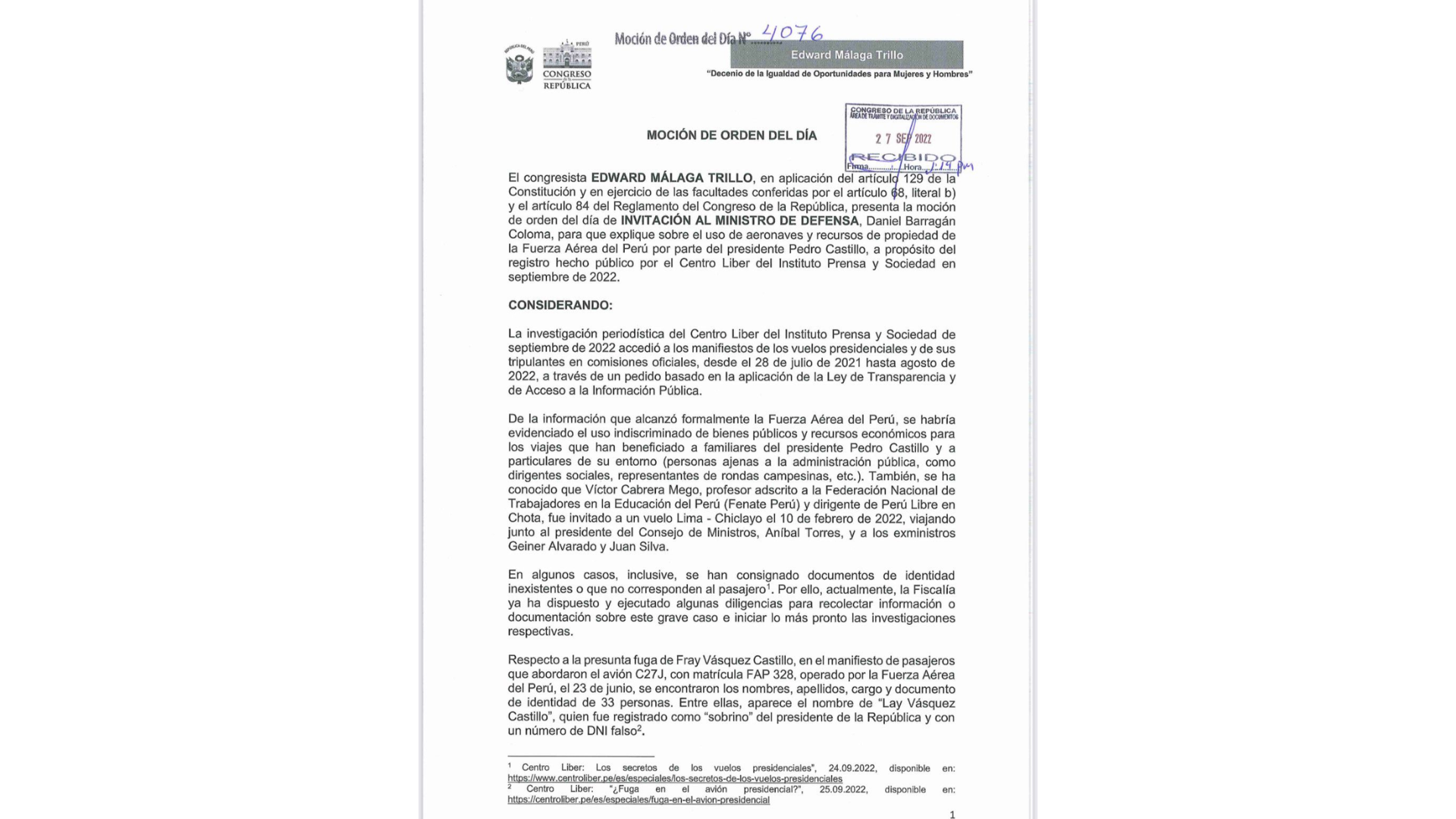 Moción de orden presentado por el congresista Edward Málaga.