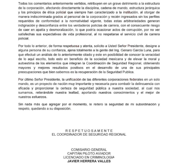 Fragmento de la primera carta que envió Javier Herrera Valles al entonces presidente Felipe Calderón, en febrero de 2008 (Captura de pantalla)
