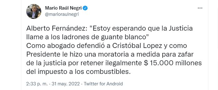 El tuit con el que respondió Mario Negri a Alberto Fernández