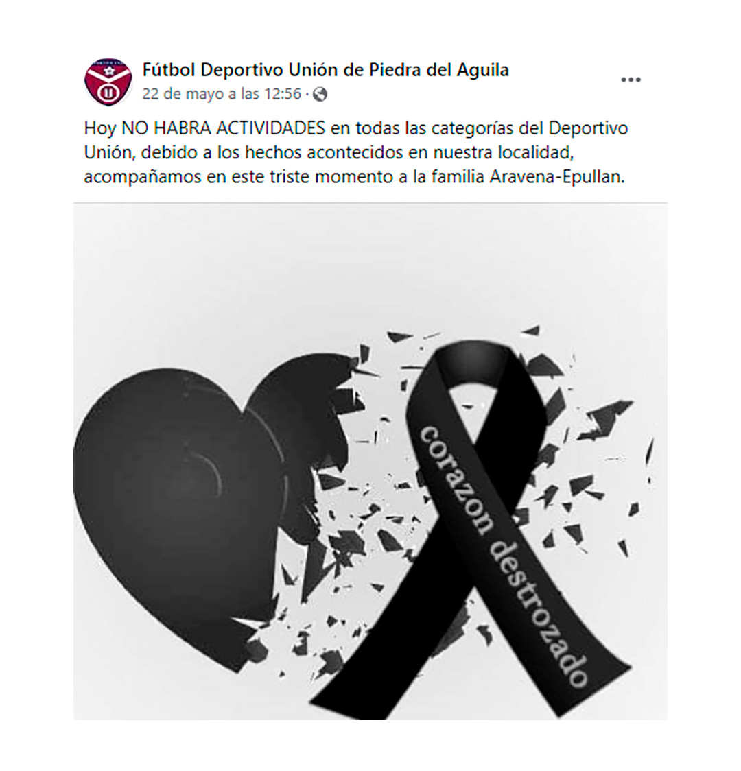 El club Fútbol Deportivo Unión de Piedra del Águila suspendió sus actividades por el hecho