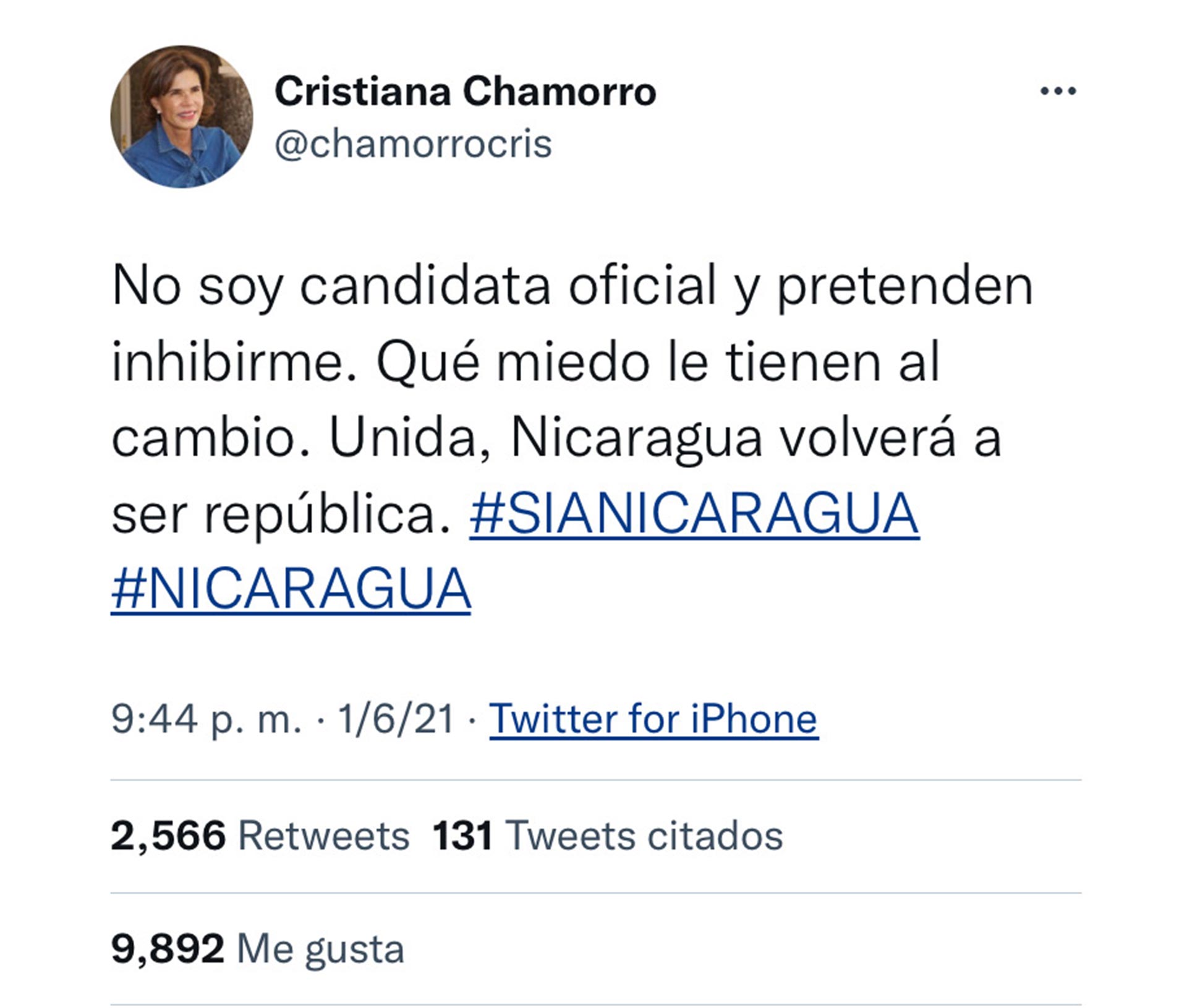 Este fue el último tuit de Cristiana Chamorro, la opositora con mayores simpatías en su candidatura. Al día siguiente de este tuit fue detenida.
