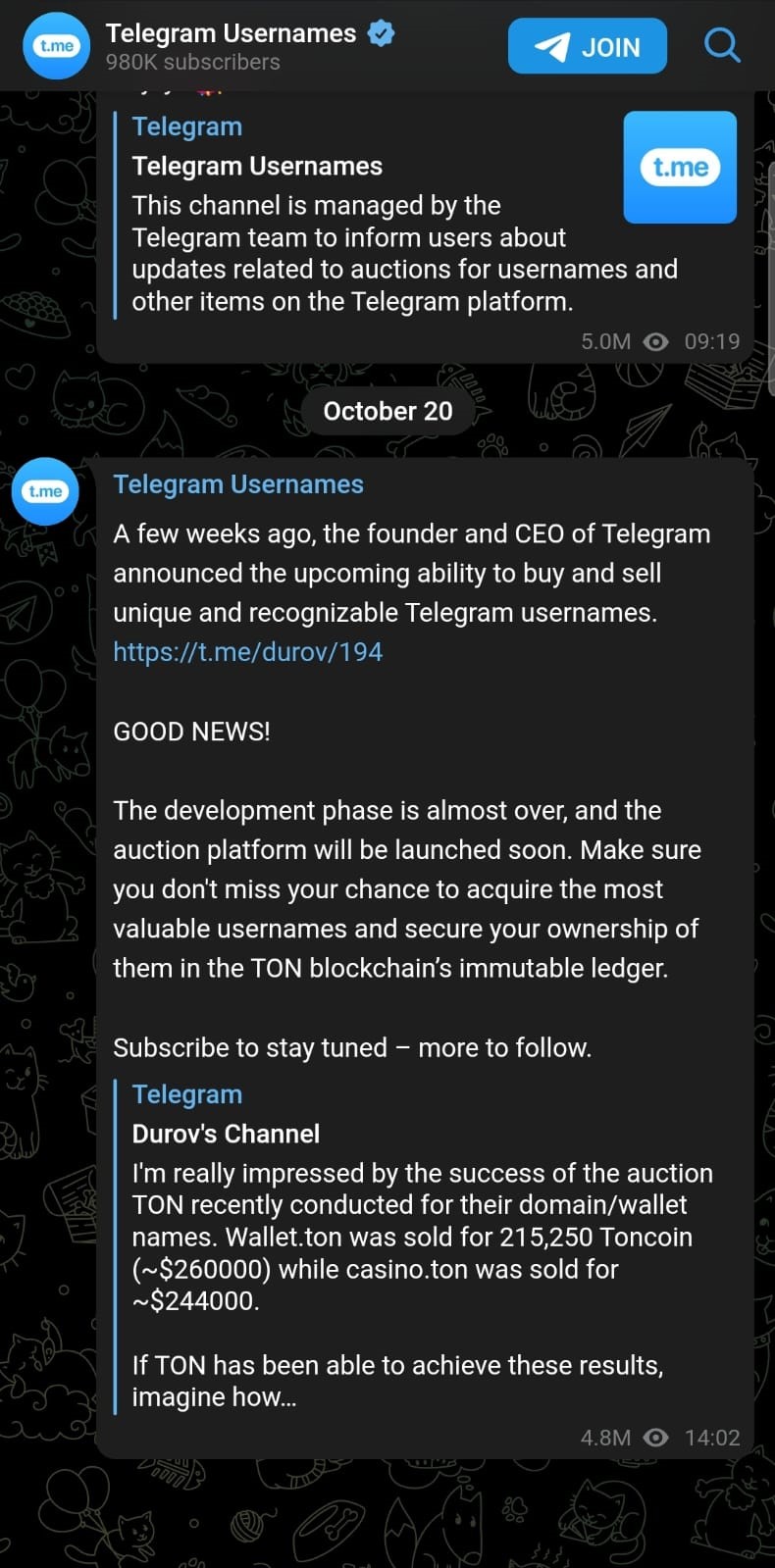 Telegram anuncia el desarrollo de una plataforma de subastas de nombres de usuarios que será lanzada próximamente. (Captura)