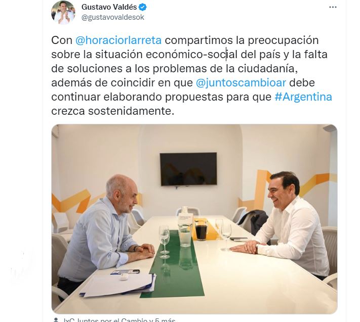 El tuit de Gustavo Valdés en el que informó su reunión con Horacio Rodríguez Larreta 