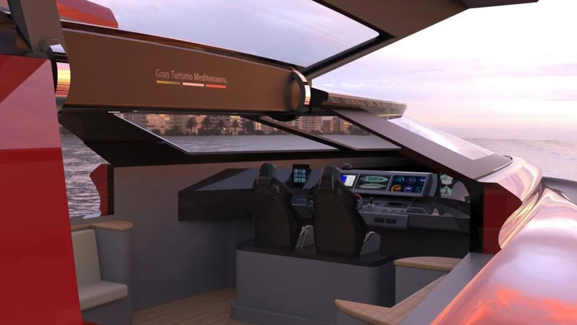 La cabina de conducción representa un cockpit de un auto de Gran Turismo, tanto por el diseño de los instrumentos y controles como por las dos butacas