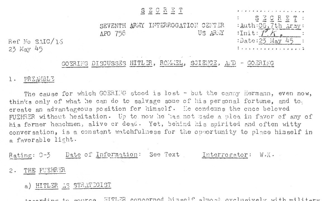 Párrafo de uno de los tantos interrogatorios que le hicieron a Göring luego de su detención