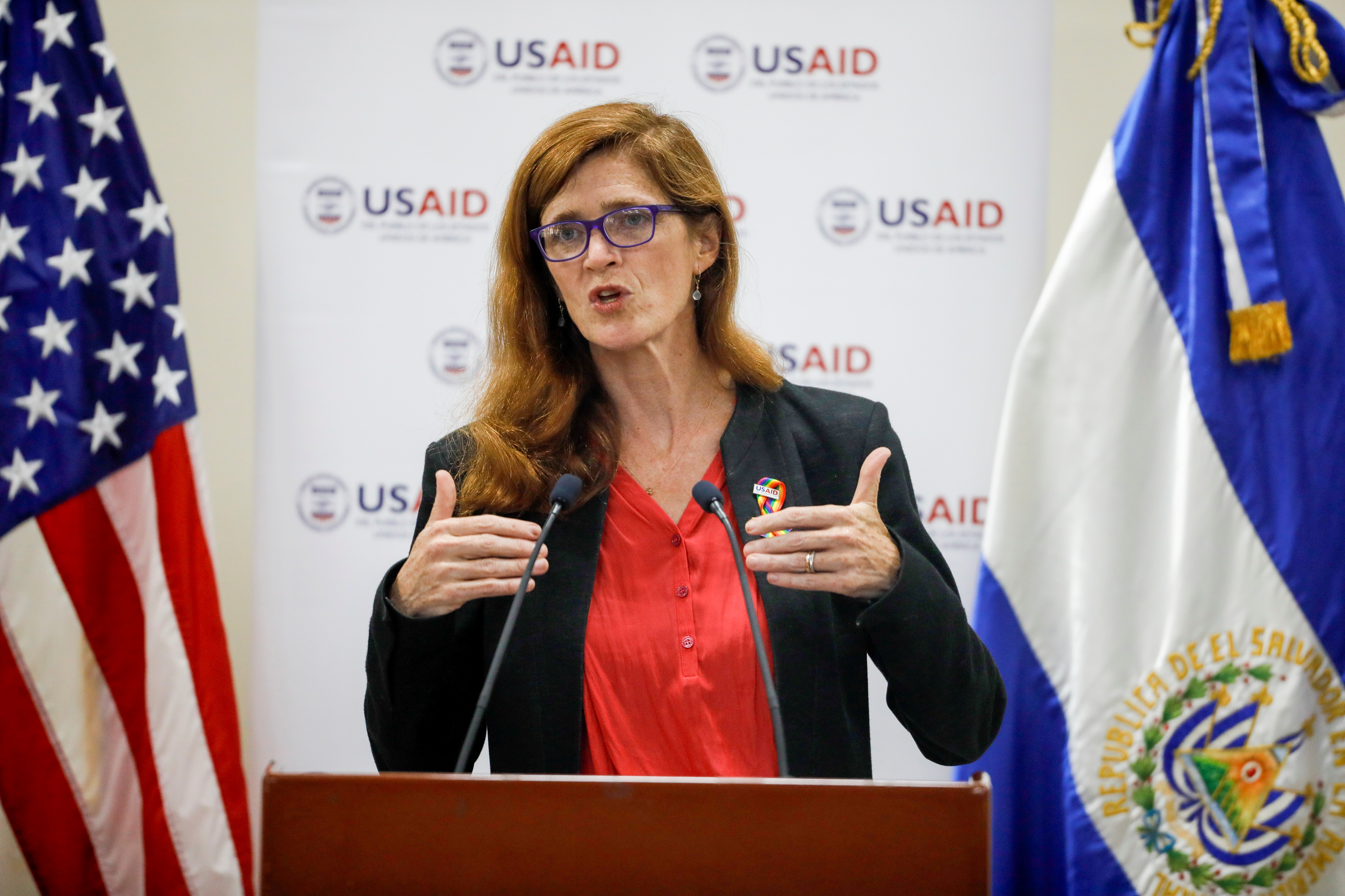 Samantha Power, administradora de la Agencia de Estados Unidos para el Desarrollo Internacional, pronuncia un discurso durante una visita a El Salvador en la Universidad Centroamericana en San Salvador, El Salvador 14 de junio de 2021. REUTERS/Jose Cabezas