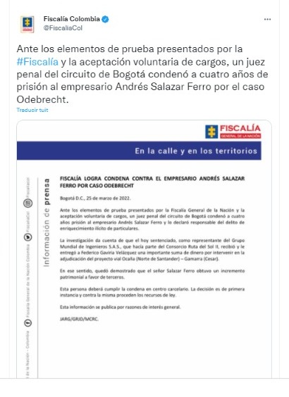 De esta manera lo anunció la Fiscalía en sus redes sociales. Foto: Twitter @FiscaliaCol