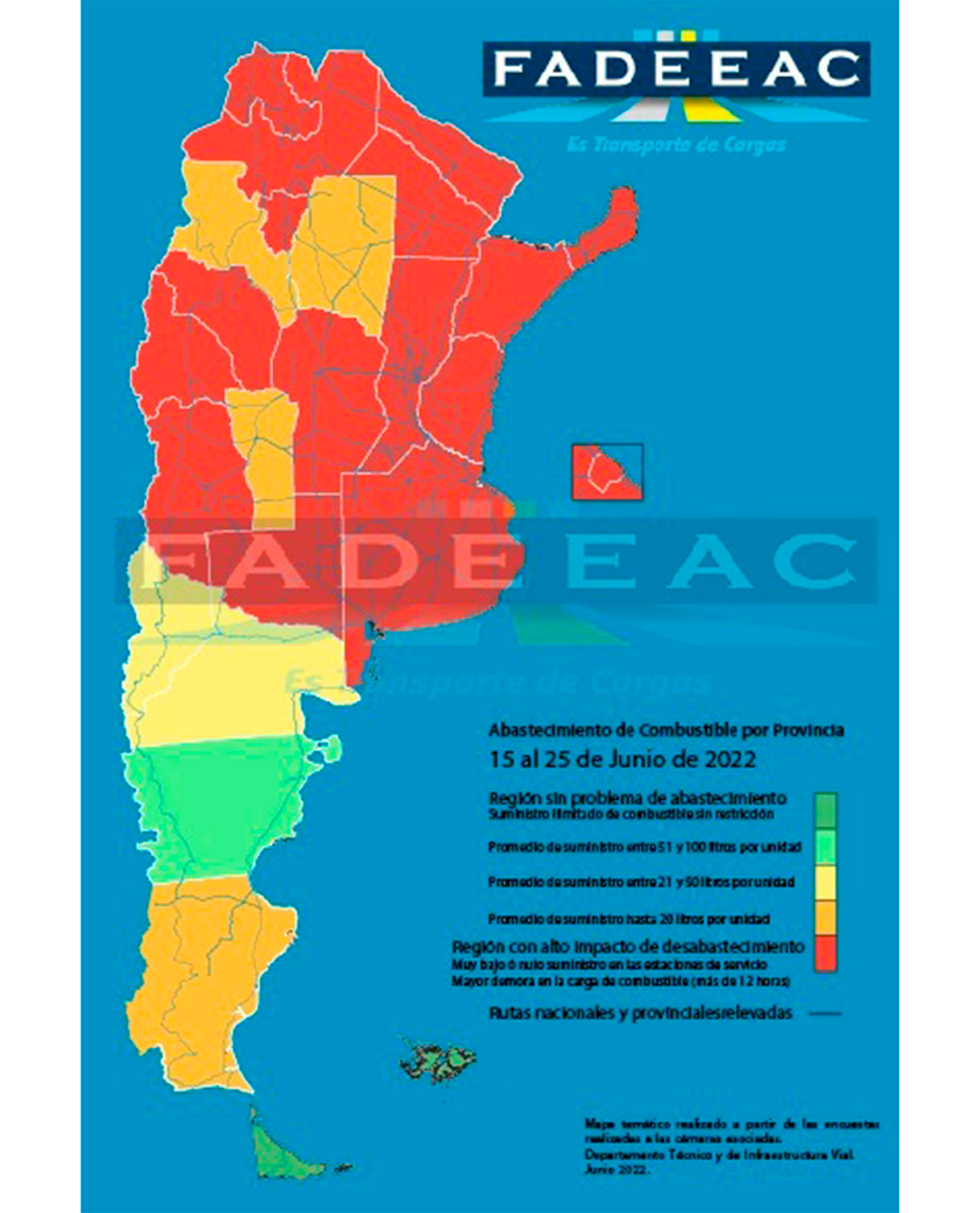 Mapa de gasoil, con las provincias más afectadas por la problemática. (FADEEAC)