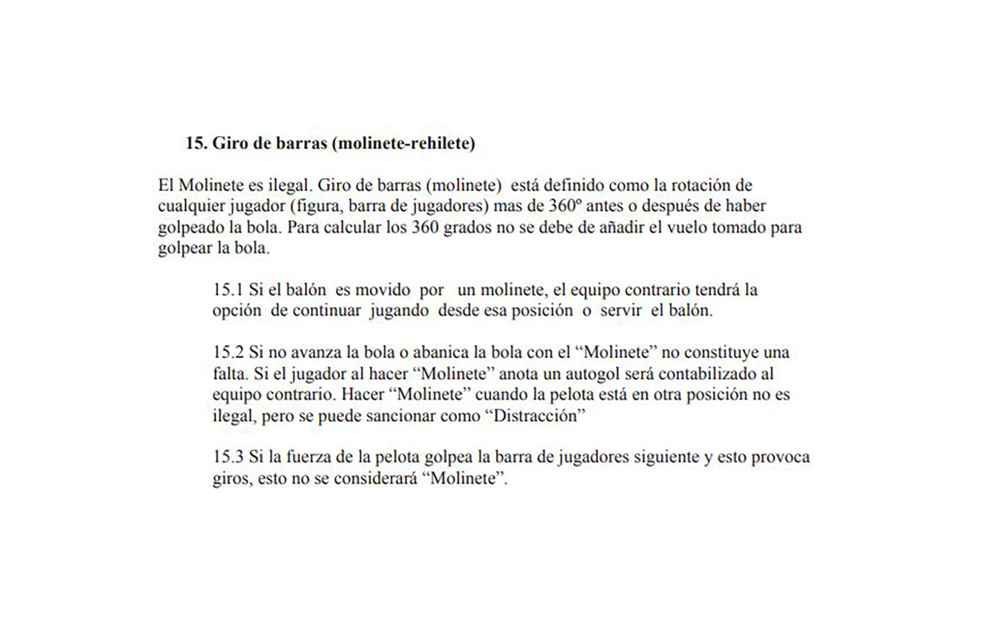 El extracto del reglamento de la ISTF referido a la ilegalidad del "molinete"