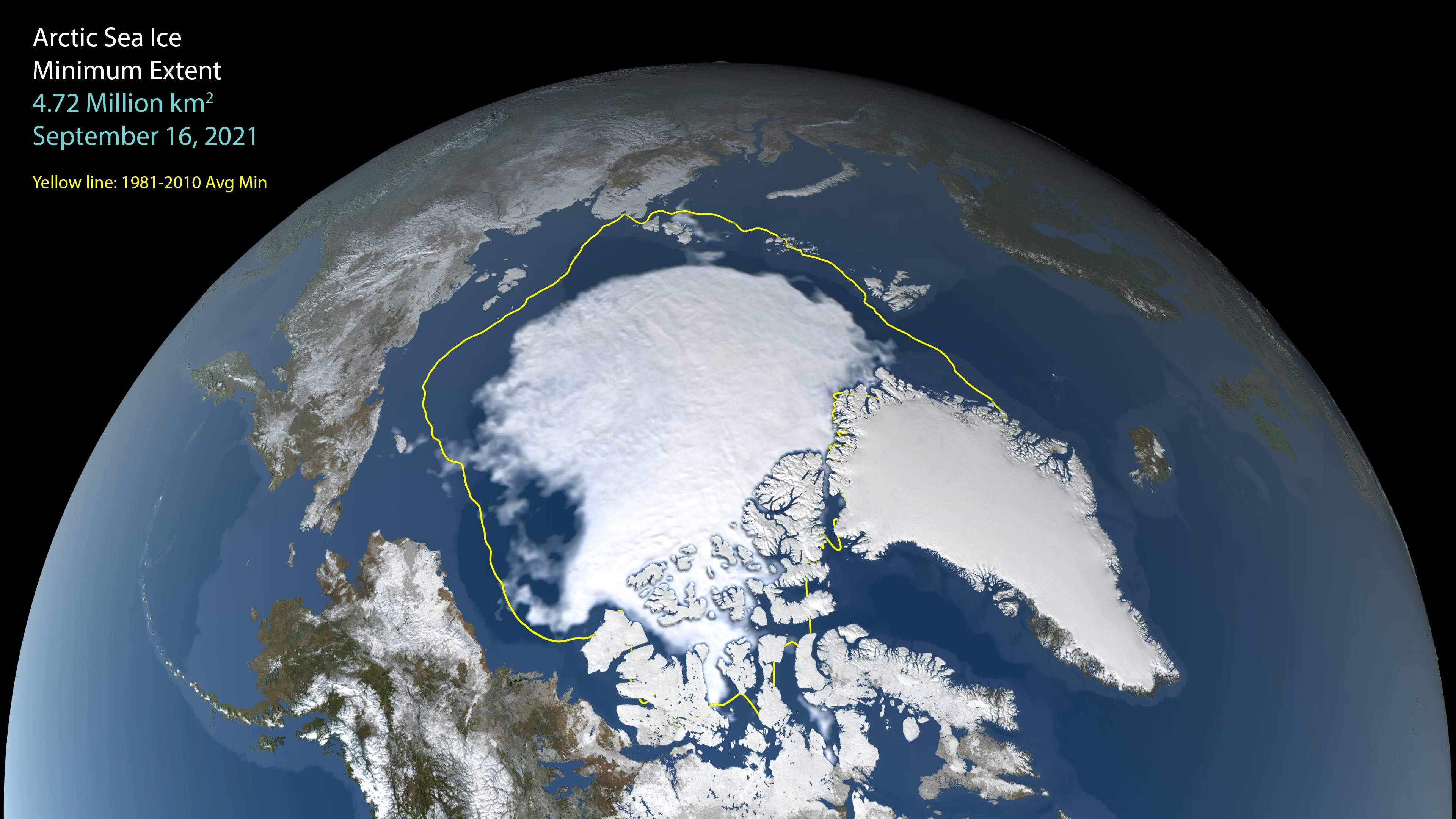 Así se redujo la capa de hielo en el Ártico este verano. El hielo marino en el Ártico parece haber alcanzado su extensión mínima anual el 16 de septiembre, después de disminuir en la primavera y el verano del hemisferio norte de 2021. (NASA)
