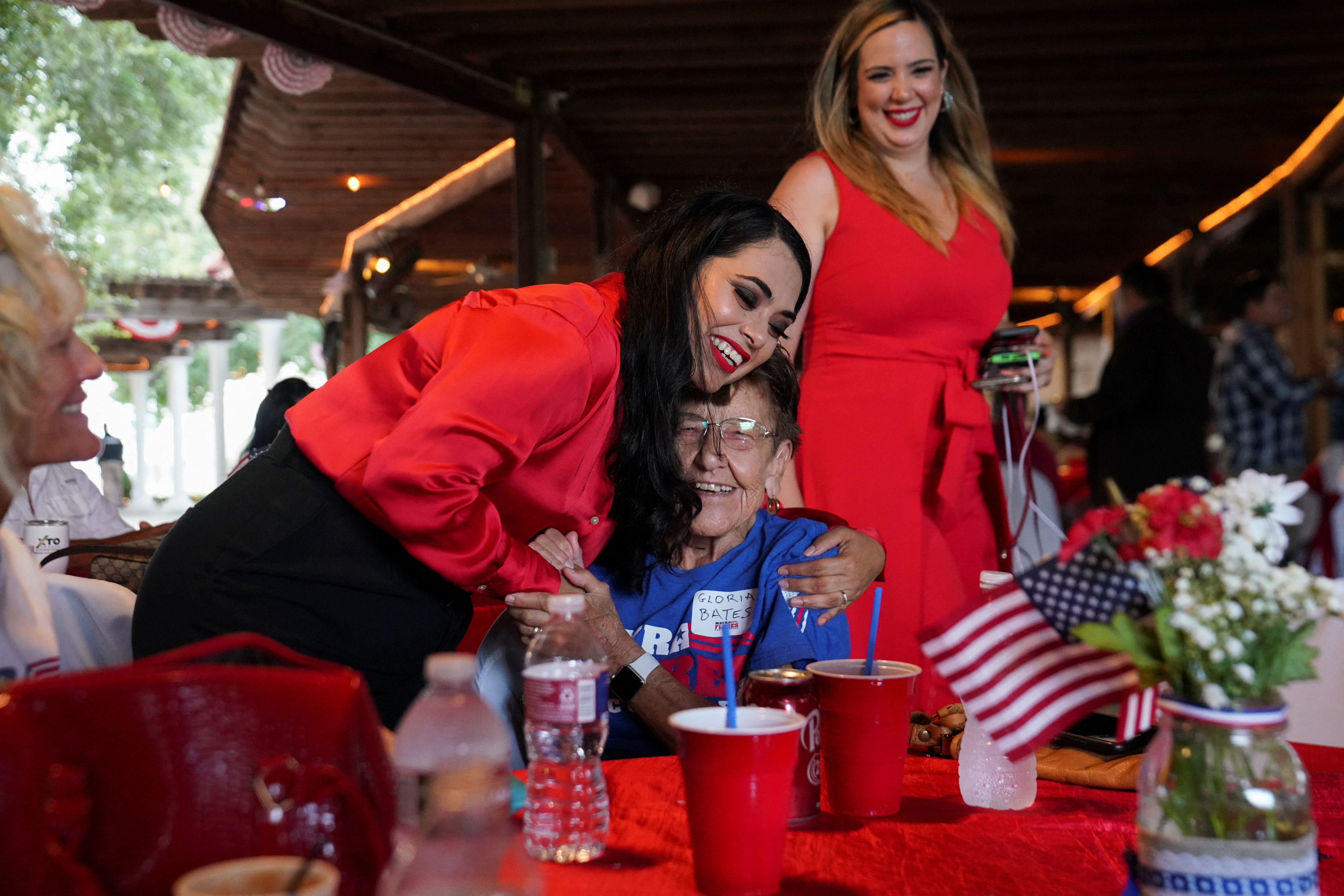 Republican Mayra Flores, who is running for the vacant 34th congressional district seat, is greeted by a woman during her watch party in San Benito, Texas, U.S., June 14, 2022. REUTERS/Veronica G. Cardenas