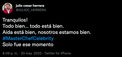 Julio César Herrera, esposo de Aida Bossa, habló de la salida de su esposa a través de Twitter. Tomada de redes sociales @JULIOC_HERRERA
