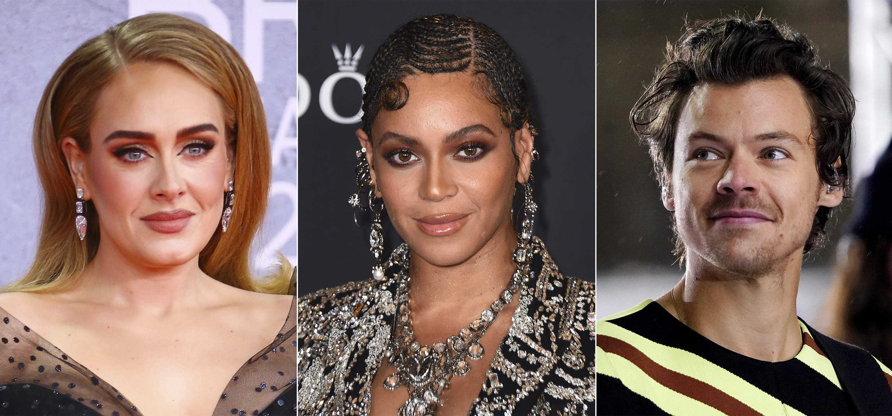 In this combination of photographs, Adele, from left to right, Beyonce and Harry Styles who are among the most nominated artists for the Grammys that will be delivered on Sunday.  (AP Photo)