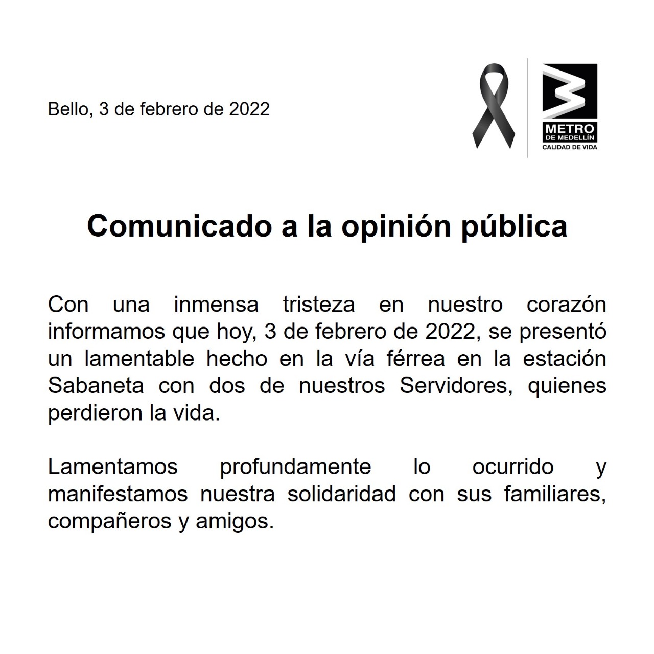 Este es el comunicado por parte del Metro de Medellín tras lo ocurrido.