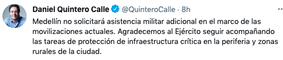 Daniel Quintero, alcalde de Medellín, afirmó que no pedirá asistencia militar adicional en medio de las protestas.
