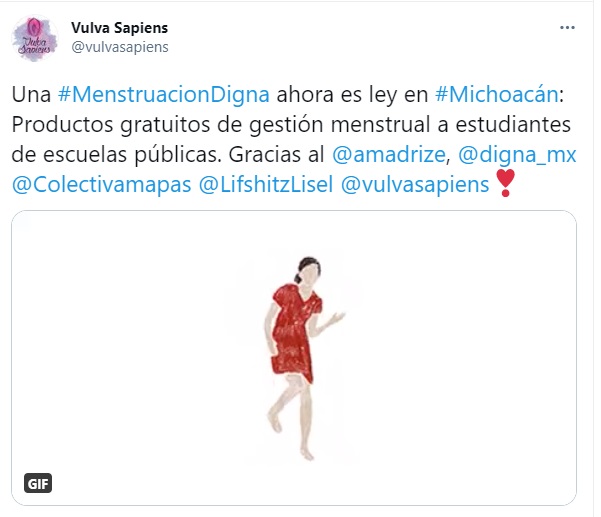 Michoacán es el primer estado de la República Mexicana en aprobar una iniciativa sobre la menstruación digna de mujeres y adolescentes (Foto: captura de pantalla Twitter @vulvasapiens)
