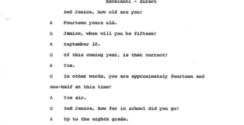 Captura de pantalla a la transcripción del interrogatorio en el que Escalanti declaró tener 14 años y haber estudiado hasta octavo grado. Fuente: Catálogo de archivos nacionales de EEUU.