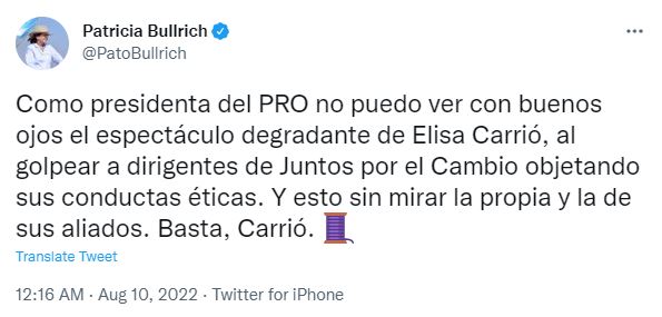 La primera respuesta a Elisa Carrió fue de Patricia Bullrich desde su cuenta de Twitter