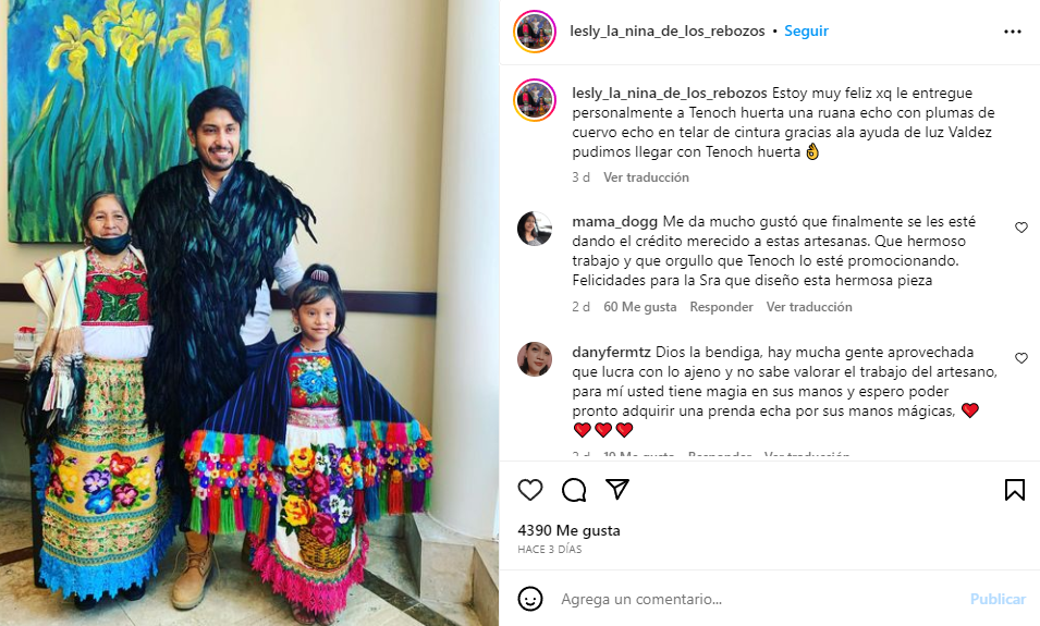 Tenoch Huerta met Feliciana Hernández this April, creator of the cape she wore during Milan Fashion Week in 2022. Photo: Instagram/lesly_la_nina_de_los_rebozos