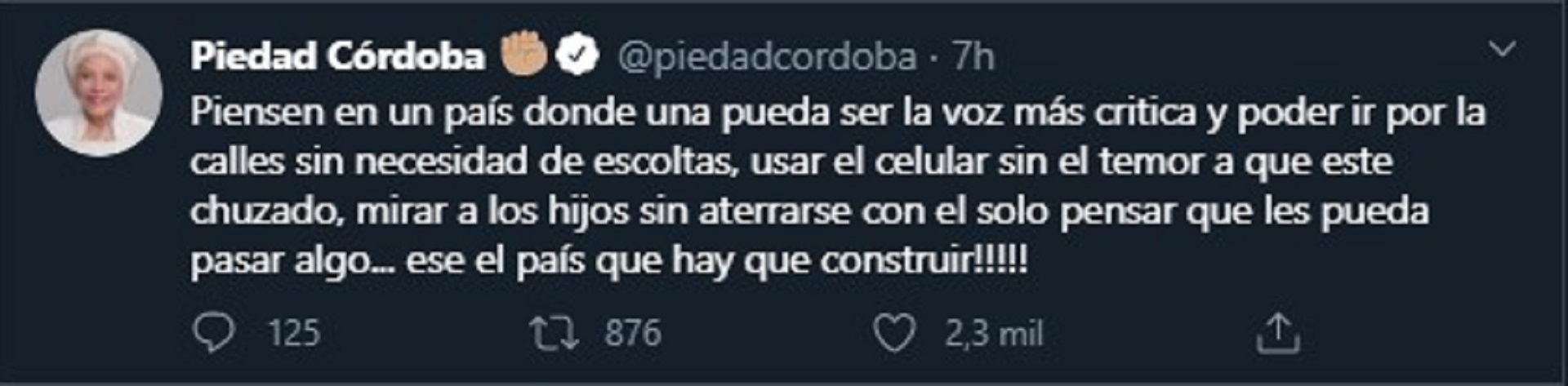 Pantallazo del trino de la exsenador Piedad Córdoba horas después del ataque.