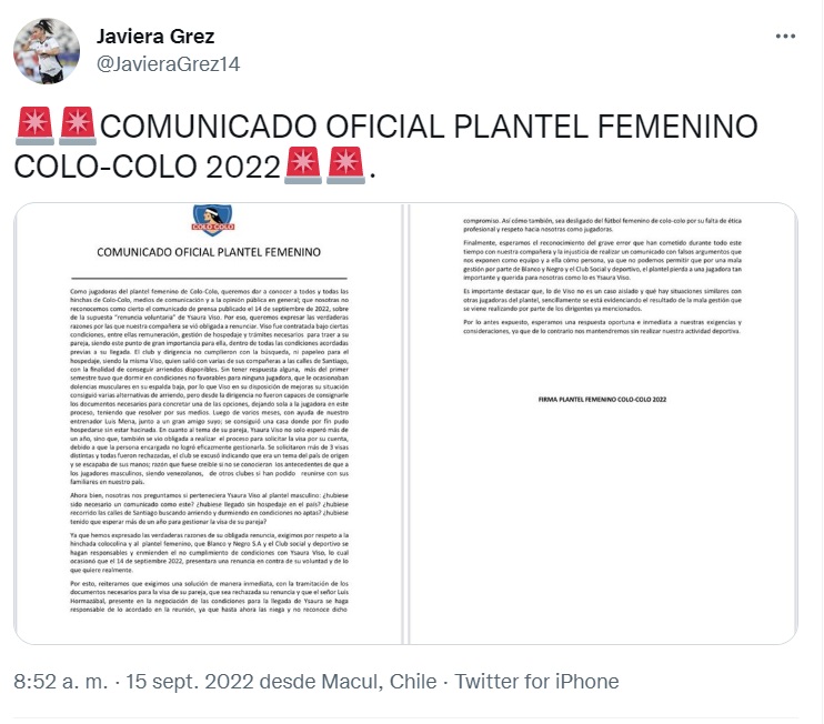 Comunicado conjunto de las jugadoras de Colo Colo, publicado en la cuenta de Twitter de Javiera Grez