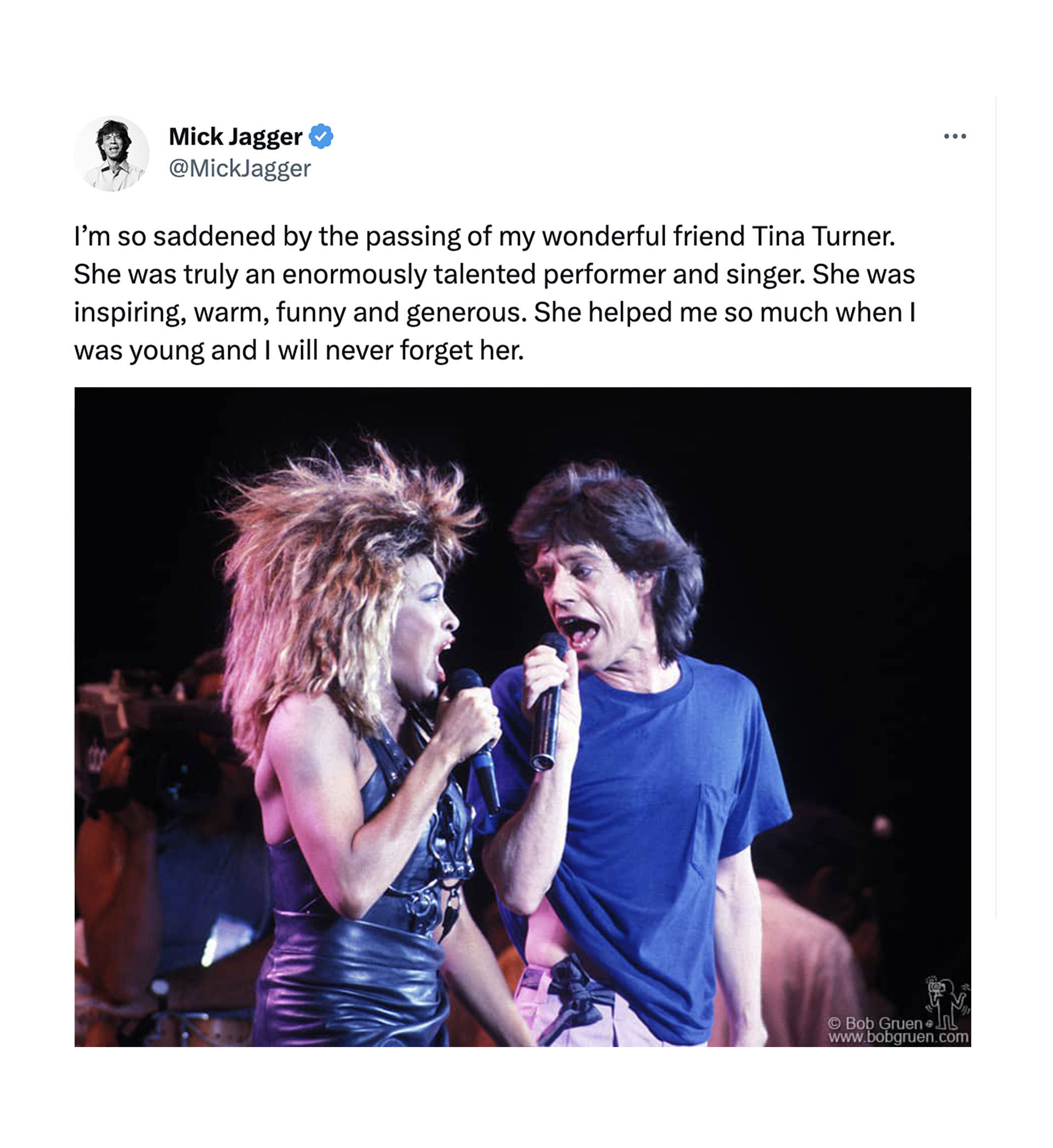 El cantante de los Rolling Stones se expresó conmovido por la muerte de Turner