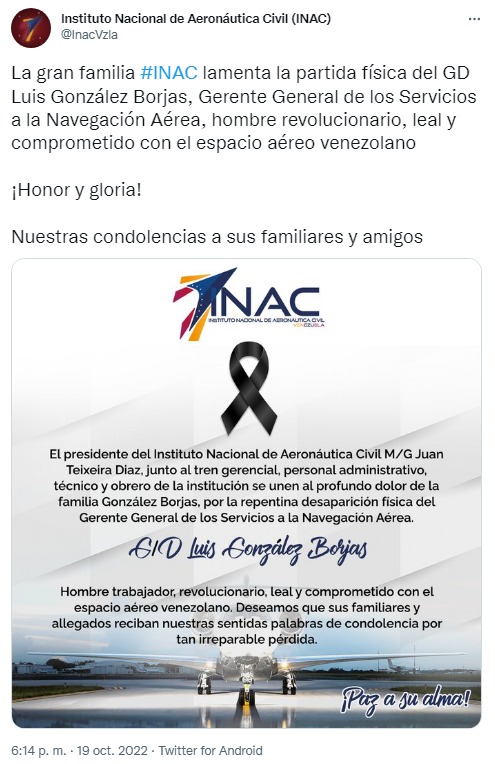 El mensaje de condolencias por la muerte del general Luis Felipe González Borjas difundido por el INAC que posteriormente fue eliminado