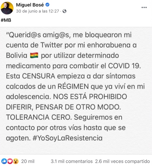 Miguel Bosé acusó en su cuenta de Facebook que Twitter lo había censurado por opinar diferente (Foto: Facebook@MiguelBoseOficial)
