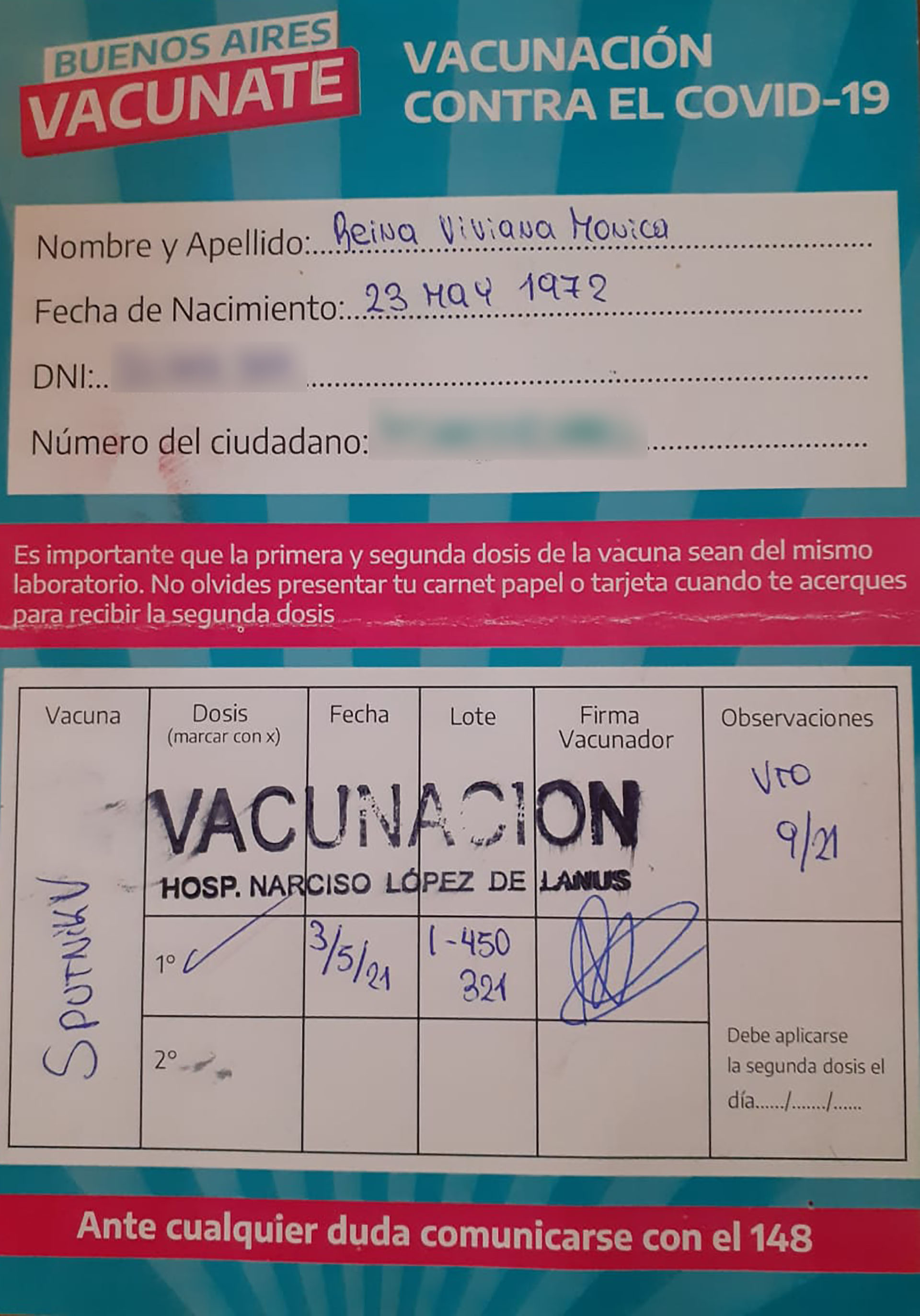 El certificado de vacunación de Viviana. El 3 de mayo se aplicó la primera dosis de Sputnik V