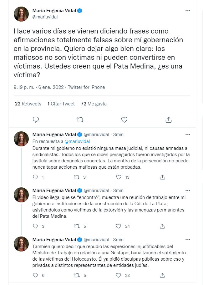 Los tuits de María Eugenia Vidal donde se defiende sobre las acusaciones por la Gestapo