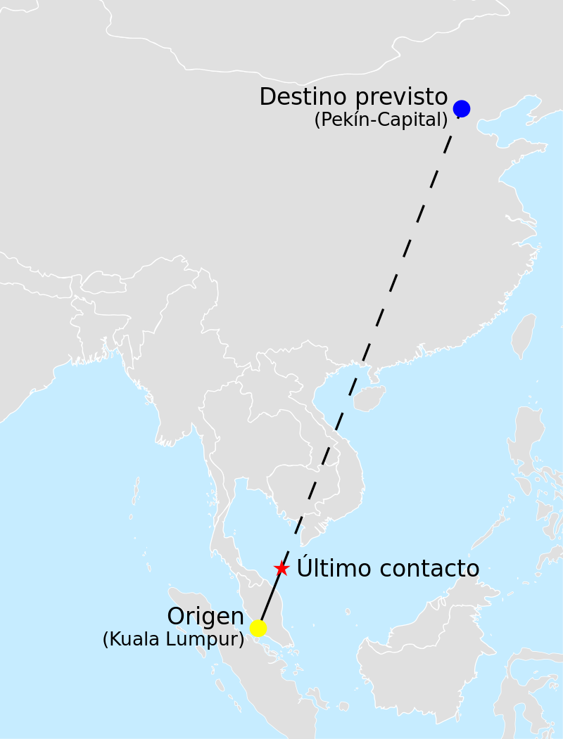 La ruta del Vuelo 370 de Malaysia Airlines (MAS370/MH370) y el último contacto, el 8 de marzo de 2014 (Wikipedia)

