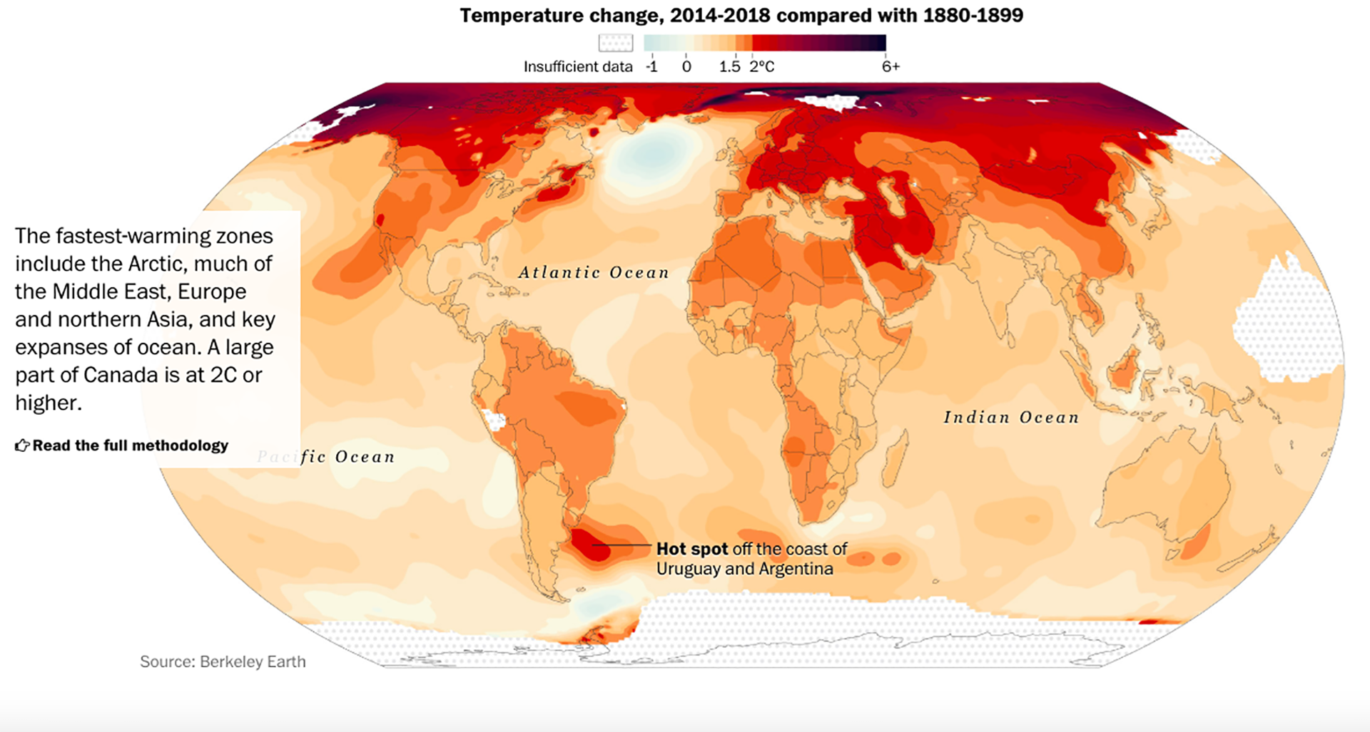 Uno de los gráficos que había sido difundido con anterioridad resaltó un aumento de las temperaturas entre 2014-2018 en relación con 1880-1899.
