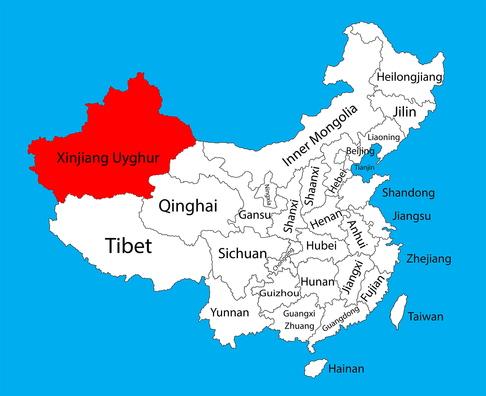Mapa de China con la región de Xinjiang destacada en el noroeste (Shutterstock)