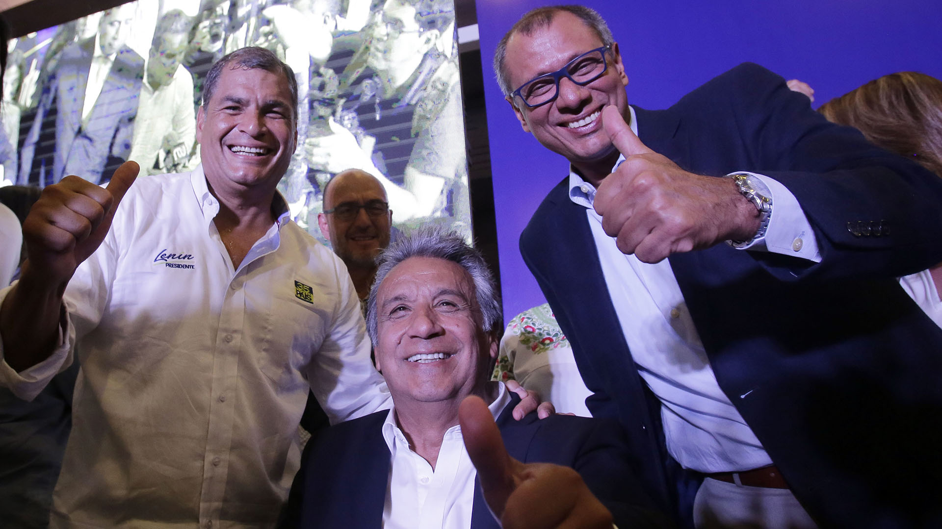 Rafael Correa, Lenín Moreno y Jorge Glas. (Foto: AP)
