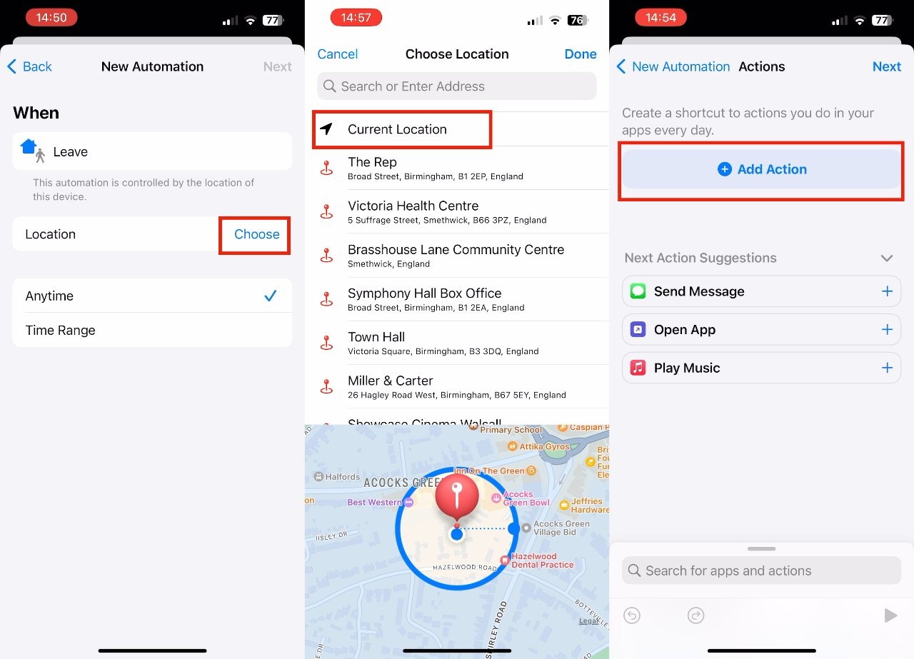 Configuración de la aplicación Atajos para apagar el Wi-Fi automáticamente al dejar un lugar. (Apple Insider)