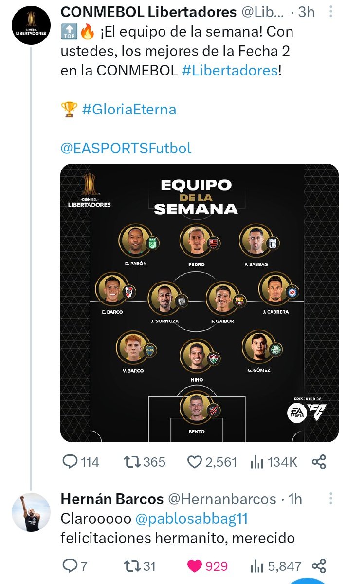 The message of Hernán Barcos after the publication of Conmebol about the ideal eleven of the Copa Libertadores.