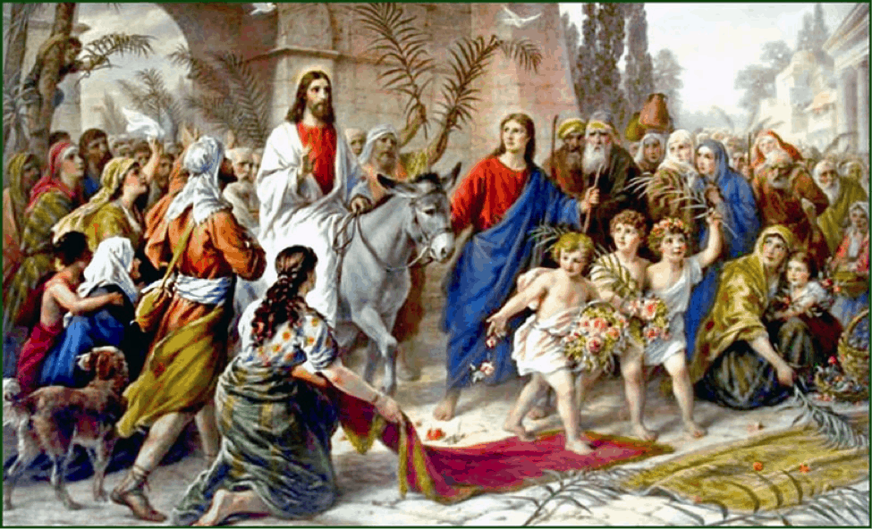 Jesús entrando a Jerusalén montado en un burro, ante la algarabía de la gente (Archivo)