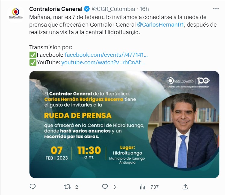 Contraloría estudia abrir nuevo proceso fiscal contra Ituango. @CGR_Colombia. Twitter