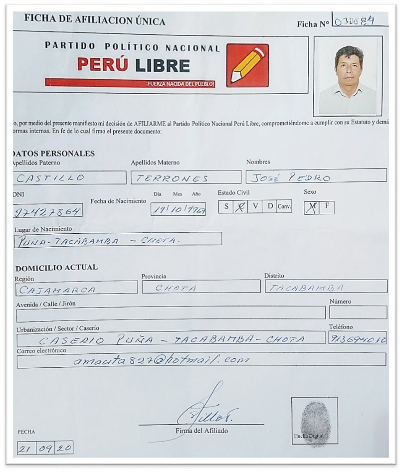 Ficha de afiliación de Pedro Castillo a Perú Libre.
