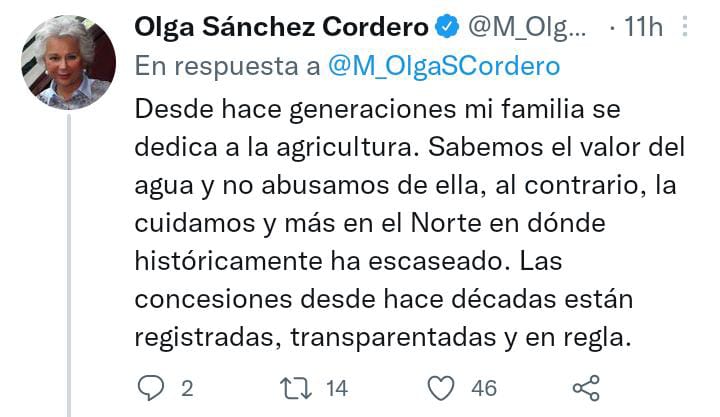 Sánchez Cordero aseguró que las concesiones a los terrenos agrícolas de su familia están en regla (Captura de pantalla: M_OlgaSCordero)