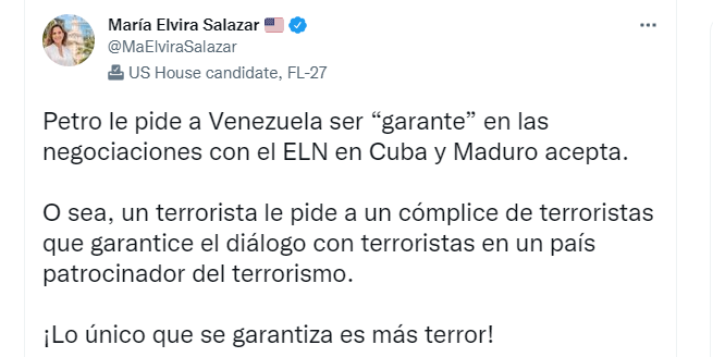 A través de Twitter, la congresista de Estados Unidos María Elvira Salazar cuestionó que Nicolás Maduro fuera garante de los diálogos de paz entre el Estado colombiano y el ELN.
FOTO: vía Twitter (@MaElviraSalazar)