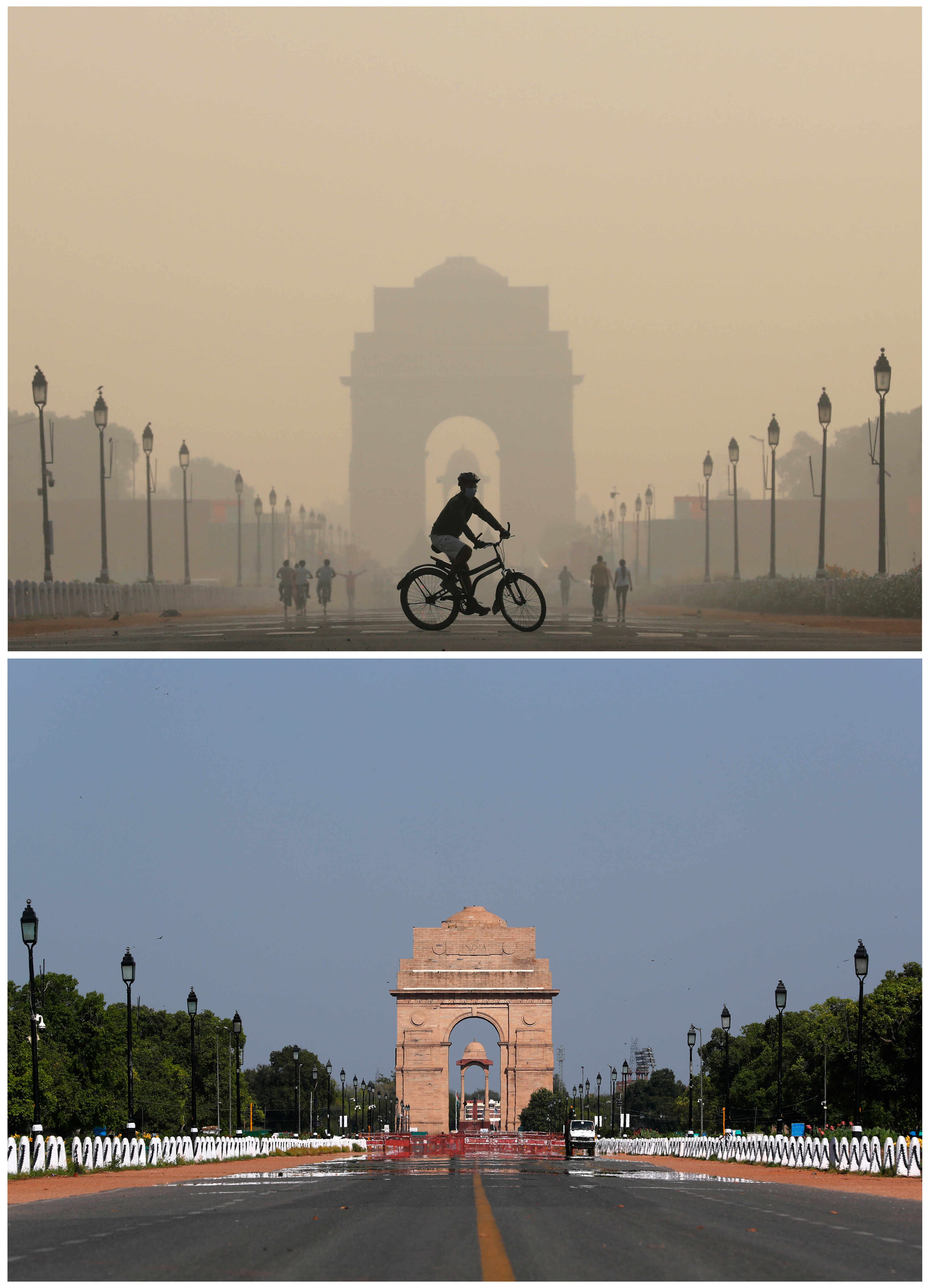 Fotos de un monumento en India antes y durante el confinamiento ilustran como bajaron en cuestión de días los niveles de contaminación, consecuencia de la suspensión de buena parte de las emisiones de carbono. REUTERS/Anushree Fadnavis/Adnan Abidi
